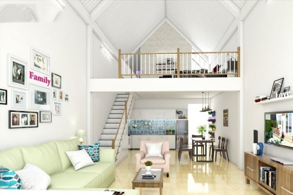 Nội thất sắp xếp gọn gàng, không gian phòng khách, phòng bếp chung không vách ngăn tạo sự thoáng rộng, rất thích hợp cho gia đình có từ 2 – 3 thành viên